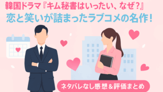 韓国ドラマ『キム秘書はいったい、なぜ？』のアイキャッチ画像。ピンクを基調にした華やかな背景に、ネクタイを持った女性のシルエットと、タイトルロゴが配置されている。恋愛・コメディの雰囲気を伝えるビジュアル。