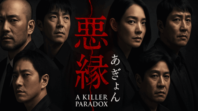 韓国ドラマ『悪縁（あぎょん）』のメインキャストがバラバラの方向を見つめる構図。中央には赤い糸が裂け目のように走り、黒・赤・グレーを基調としたダークな色調が因縁とサスペンスを表現している。日本語タイトル『悪縁（あぎょん）』が縦書きで大きく表示されている。