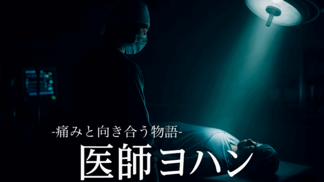 暗い手術室に一筋の光が差し込む中、医師ヨハン（後ろ姿または横顔）が無言で患者に向き合う。医療ドラマらしい緊張感を表現。