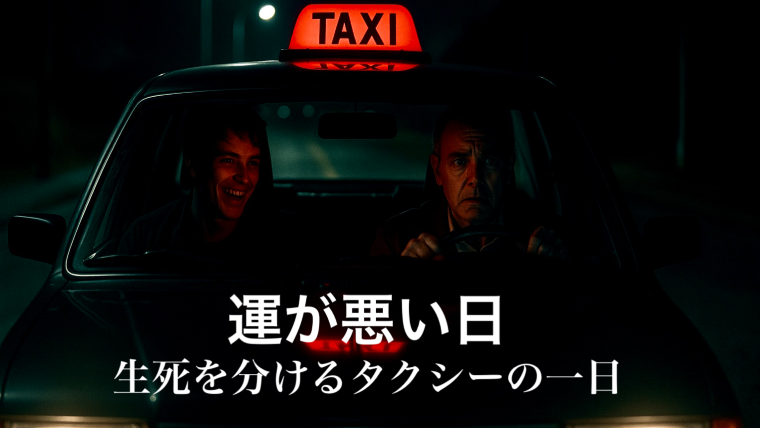 薄暗い夜道を走るタクシーを正面から捉えたシーン。運転席の中年男性は焦りと不安の表情を浮かべ、助手席の若い男は不気味に笑いながら話している。タクシーのヘッドライトが闇を切り裂き、車内には緊迫感が漂っている
