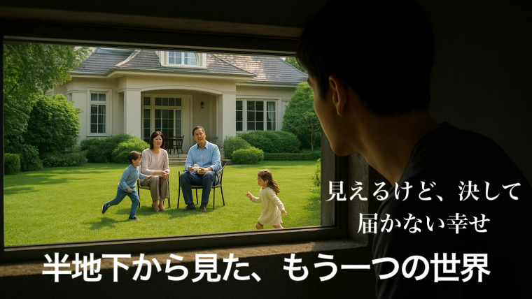 半地下の狭い窓から貧しい若い男性が外を覗いている。窓の先には広い庭と豪邸があり、テラスでは父と母が笑顔で座り、庭では子供たちが楽しそうに追いかけっこをしている。格差社会を象徴する対比的な情景。