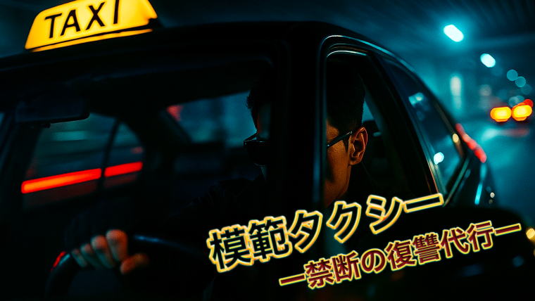 韓国ドラマ『模範タクシー』のイメージ画像。サングラスをかけたタクシードライバーが夜の街を疾走し、復讐と正義を象徴する構図。