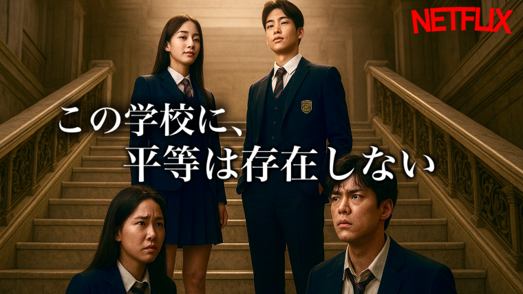 Netflix韓国ドラマ『ヒエラルキー』のイメージ画像。豪華な校舎の大階段で、制服姿の4人の高校生が立ち尽くしている。上段には自信に満ちた表情の生徒、下段には不安そうな表情の生徒が配置され、「この学校に、平等は存在しない」という文字が中央に表示されている。