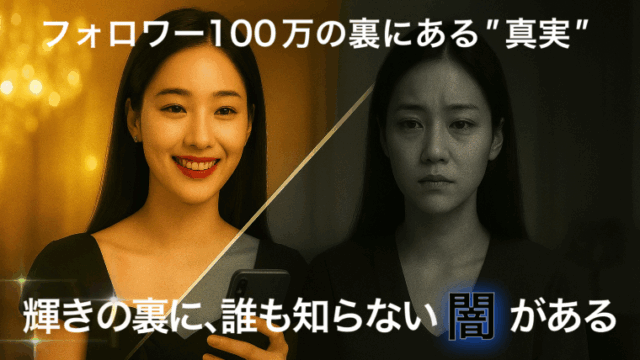 Netflix韓国ドラマ『セレブリティ』のイメージ画像。 スマートフォンを手に笑顔を見せる女性と、同じ女性が暗い表情で佇む姿が対比的に描かれている。 華やかな表の顔と、孤独や闇を抱える裏の一面を象徴するビジュアル。