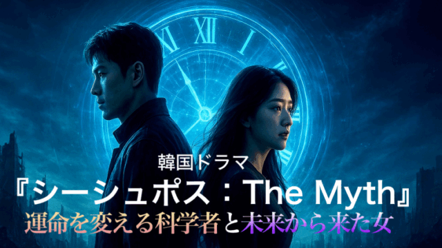 韓国ドラマ『シーシュポス:The Myth』をイメージした近未来の都市風景。青い光に包まれた街並みが、人間と科学の運命を描くSFヒューマンドラマの世界観を象徴している。