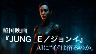 Netflix映画『JUNG_E/ジョンイ』のアイキャッチ画像。近未来の実験室で立つ女性型アンドロイドの姿が印象的なSFアクションビジュアル。